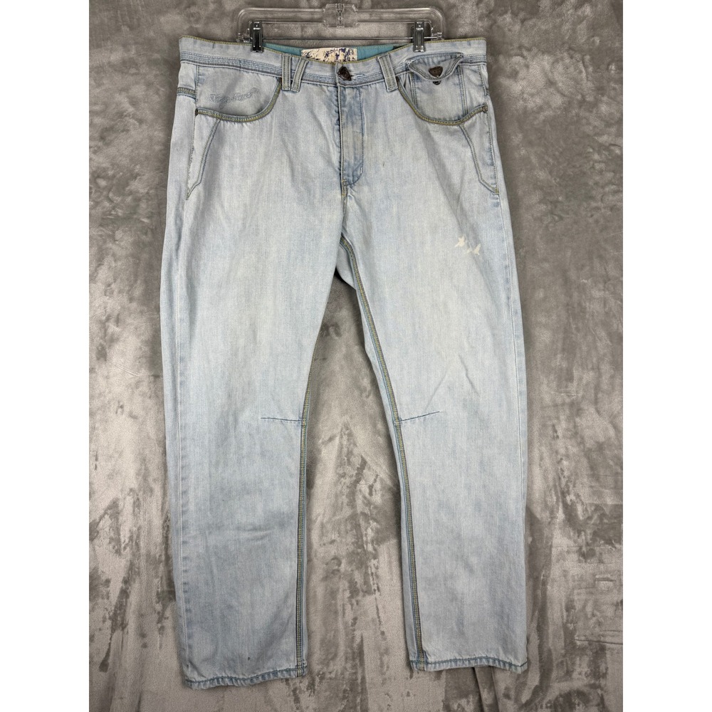 Foreign Lavish Light Wash Embroidered Denim Jeans Pants Mens Size 40x32